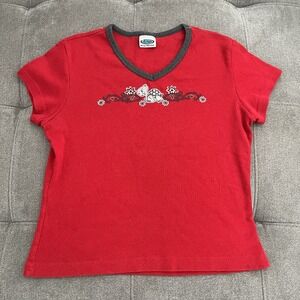 Vintage M-Fasis Cute Flowered Turtle Baby Tee Womens size Small Red Y2K